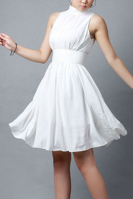 White Chiffon Mini Dress Sleeveless High Neck Dress 193 White / XL White Chiffon Mini Dress Sleeveless High Neck Dress 193 White / XL