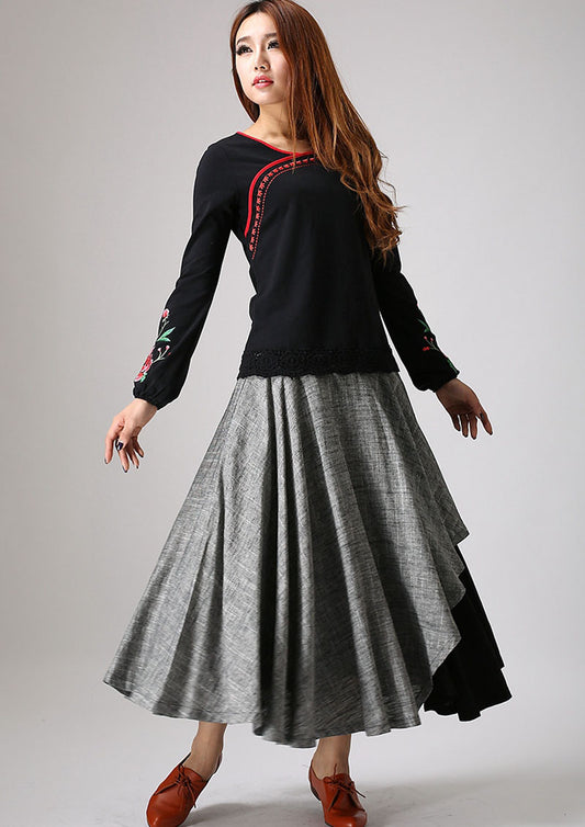 Gray Linen Maxi Skirt - Layered Pleated A-Line with Hip Pockets 868