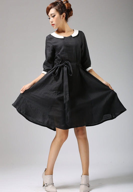 Black linen dress with collar and elbow length sleeves 697#