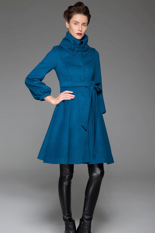 Handmade Blue Wool Blend Coat with Oversized Collar & Belt – Timeless Vintage Elegance 1425