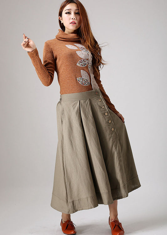 Women’s Khaki Linen Blend Maxi Skirt – Handmade Button Detail Spring Skirt | Xiaolizi 0857
