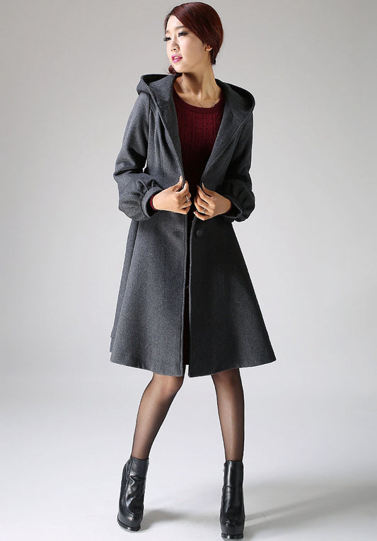 Dark Gray Hooded Wool Swing Coat with Tie Waist – Feminine A-Line Silhouette | 1073