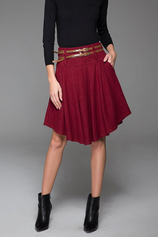 Red Wool Knee-Length Skirt - Pleated Waist & Asymmetrical Hemline 1427