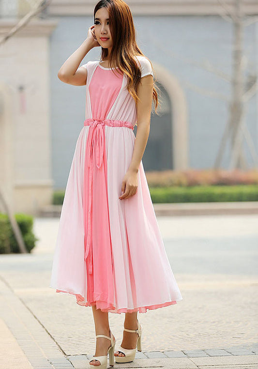 Pink chiffon dress maxi dress prom dress wedding dress (925)