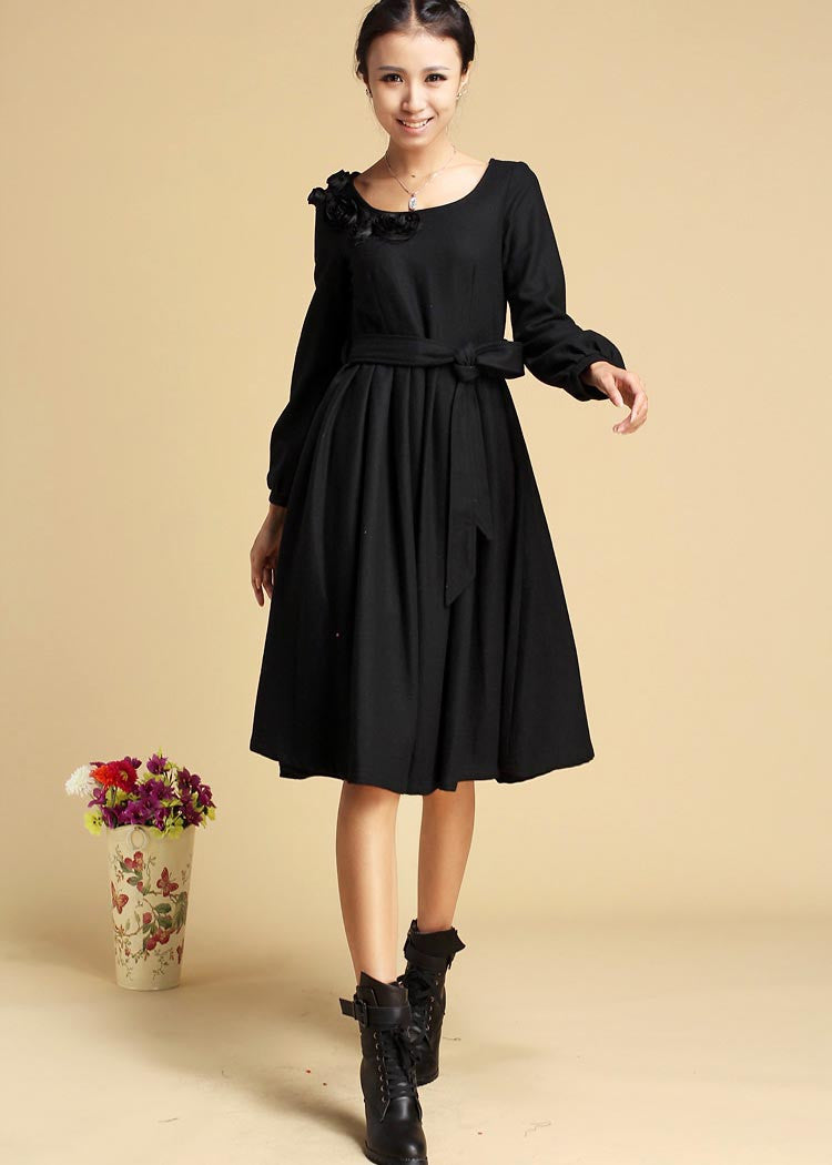 Black dress winter wool dress midi dress 321# Xiaolizi Black dress winter wool dress midi dress 321# Xiaolizi