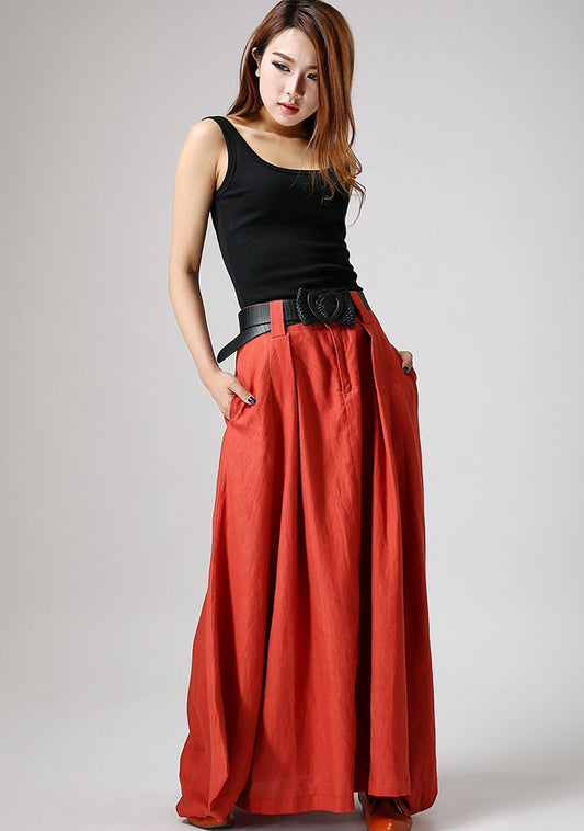 Women’s Handmade Linen Maxi Skirt – Orange Asymmetrical Flowy Skirt | Xiaolizi 0896