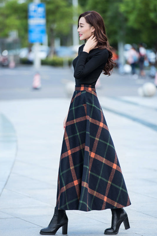 Navy Plaid Wool Skirt – Maxi A-Line with Orange and Green Stripes 2709