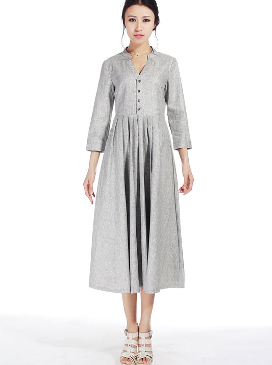 Beige Cotton Linen Maxi Shirt Dress - V-Neck, 3/4 Sleeve 518