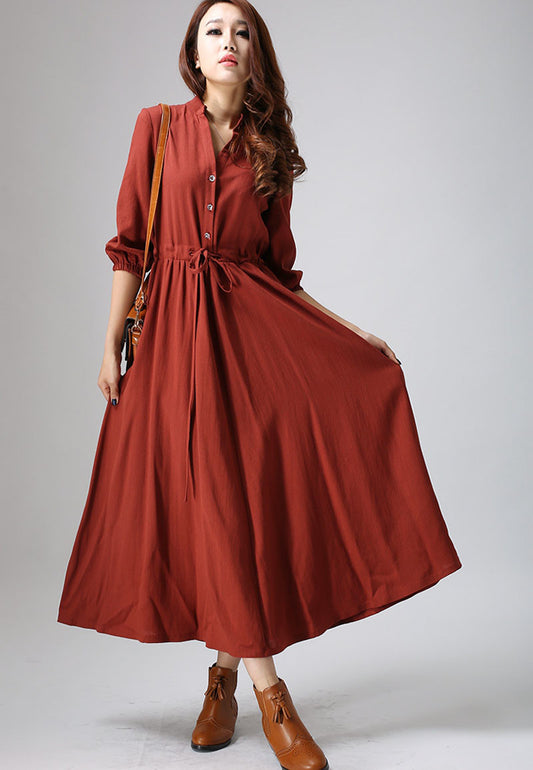 Rust Linen Maxi Shirt Dress with Drawstring Waist and Buttons | Xiaolizi 0804