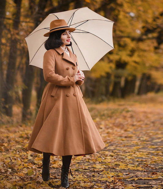Camel Double-Breasted Wool Swing Coat with Flared Hem – Vintage-Inspired A-Line Style 2496