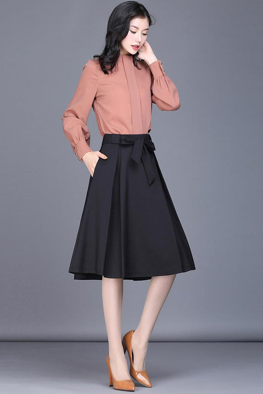 Black Polyester Knee-Length Skirt - High Waist A-Line Silhouette CYM316