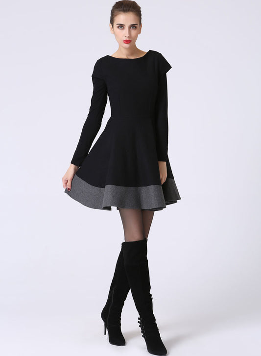 Black & Gray Wool Dress – Vintage Color Block Fit and Flare Winter Dress 1069