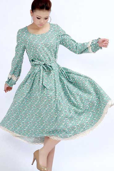 Handmade Floral Linen Midi Dress – Lace-Trim Day Dress with Belt | Xiaolizi 270