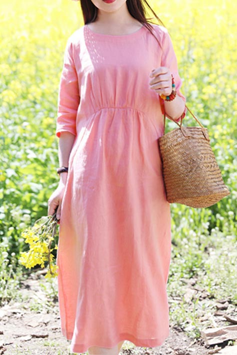 Soft Linen Midi Dress – Handmade Pink Retro Long Dress for Women | Xiaolizi CYM472