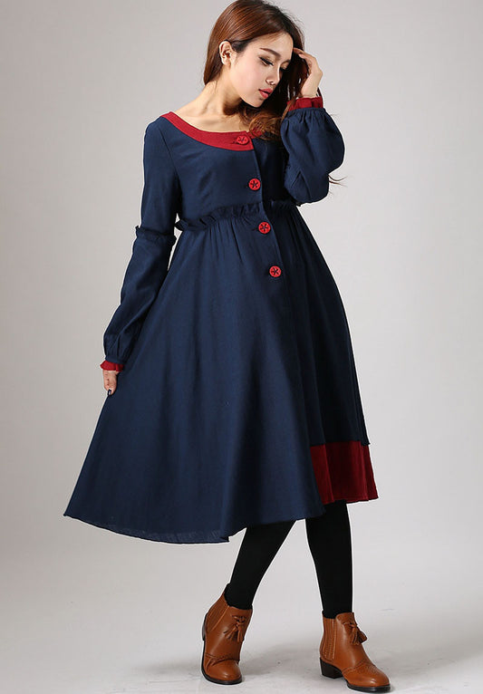 Handmade Patchwork Linen Dress – Navy and Red Long Sleeve Vintage Dress | Xiaolizi 884