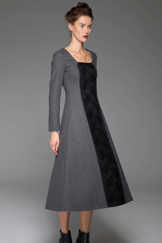 Dark Gray Wool Dress Slim Wool Dress Black Stitching Dress (1442)