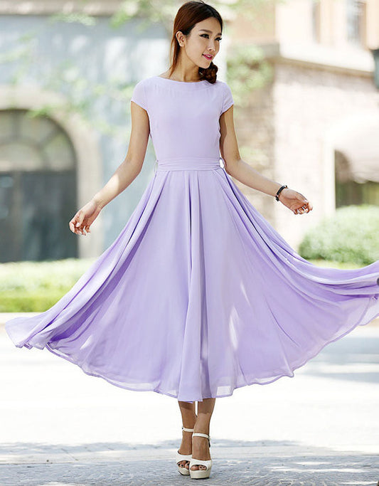 Feminine Maxi Dress – Light Purple Chiffon, Gathered Skirt – 1030
