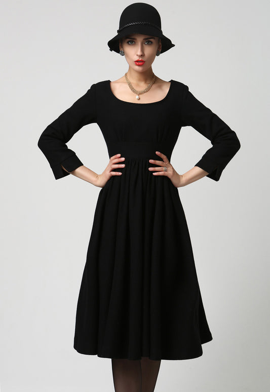Black Wool Midi Dress – Handmade Vintage Winter Long Sleeve 1126