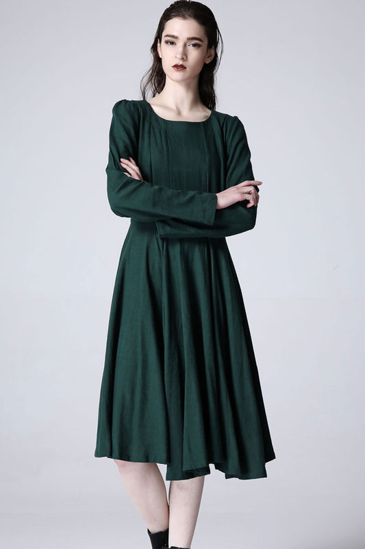 Green Linen Dress – Handmade Long Sleeve Fit & Flare Midi | Xiaolizi 1176
