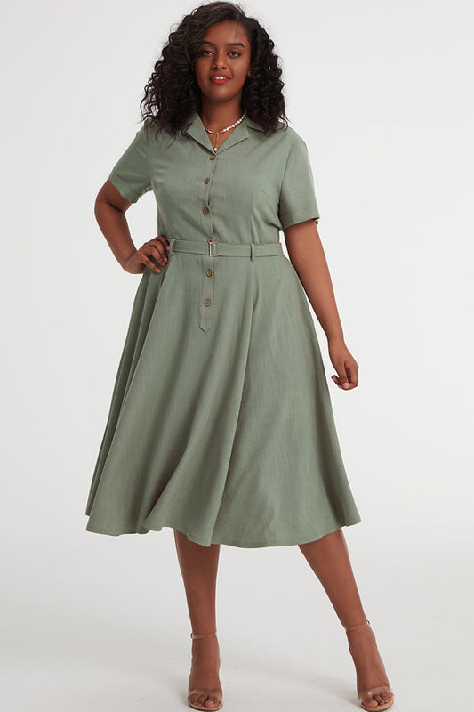 Light Green Linen Cotton Shirt Dress – Vintage Summer Midi Dress with Pockets 3404