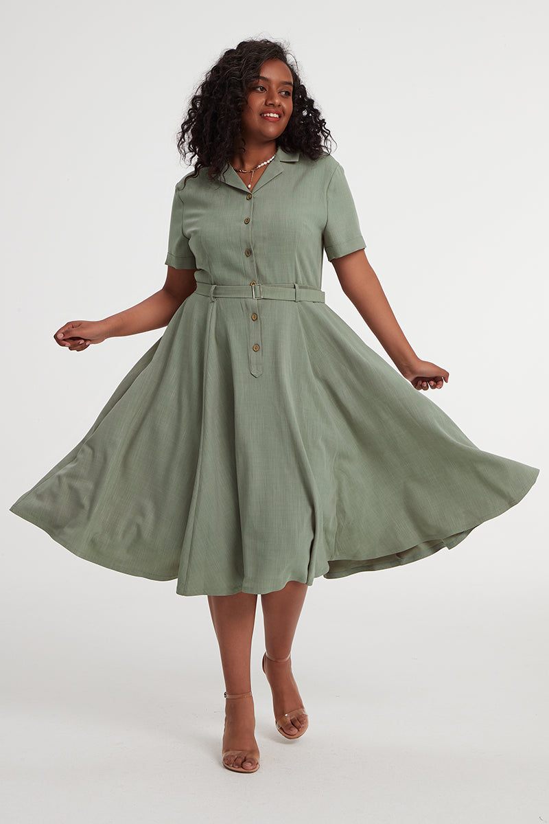 Short Sleeve Plus Size Green Linen Swing Midi Dress 3404# – XiaoLizi