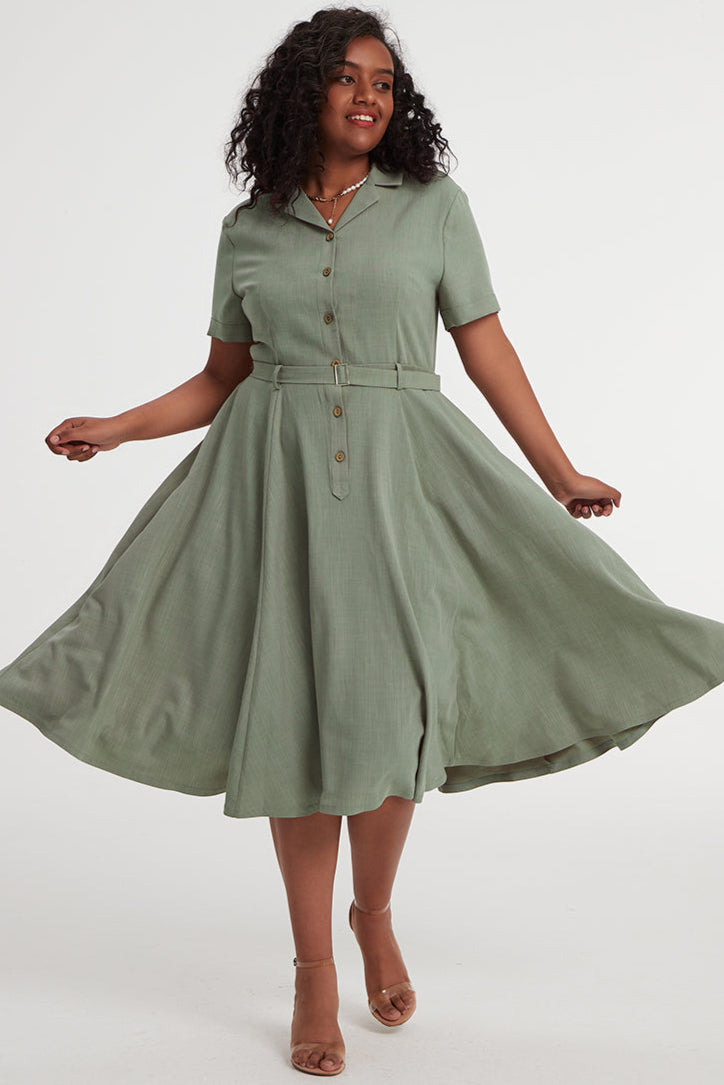Short Sleeve Plus Size Green Linen Swing Midi Dress 3404# – XiaoLizi