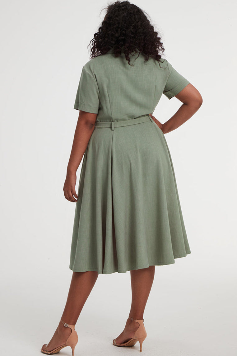 Light Green Linen Cotton Shirt Dress – Vintage Summer Midi Dress with Pockets 3404