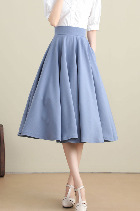 Blue A Line High Waist Flared Skirt 3275#