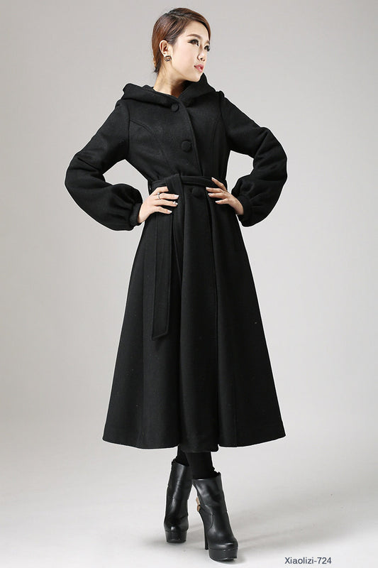 Handmade Black Wool Hooded Coat – Elegant Winter Swing Overcoat with Belt | Xiaolizi 724