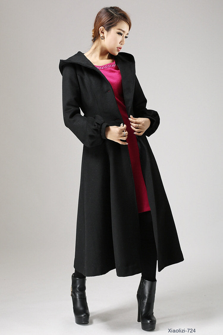 Handmade Black Wool Hooded Coat – Elegant Winter Swing Overcoat with Belt | Xiaolizi 724