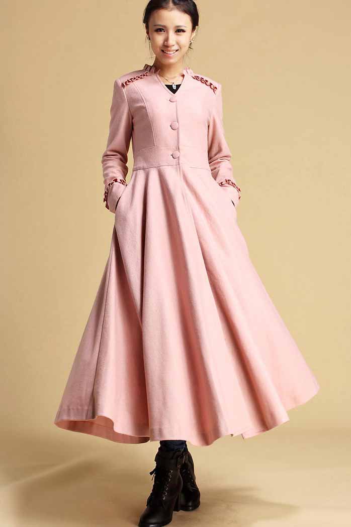 Pink Wool Maxi Coat Vintage Winter Overcoat for Weddings & Parties 0329 Pink / M Pink Wool Maxi Coat Vintage Winter Overcoat for Weddings & Parties 0329 Pink / M