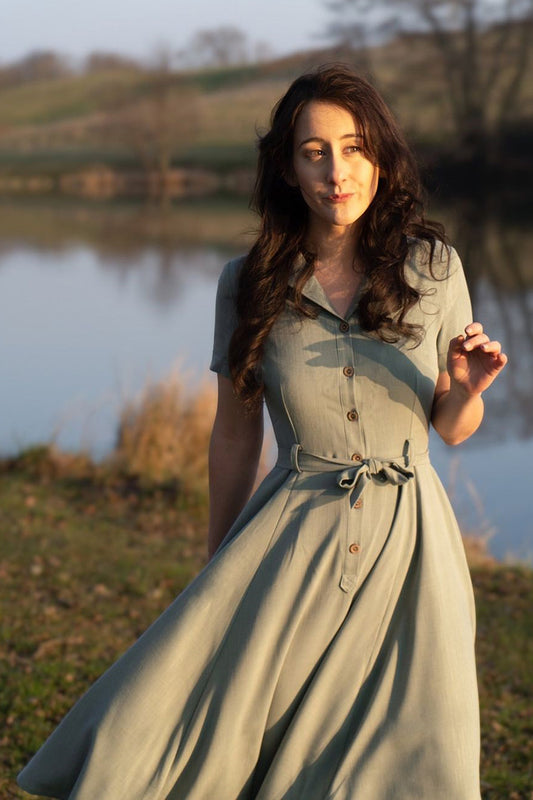 Green Midi Linen Shirtwaist Fit and Flare Swing Dress 3450#