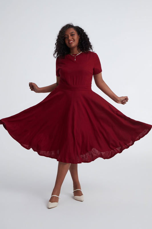 Wine Red Linen Midi Swing Dress - Boat Neck Pockets | Xiaolizi 3400