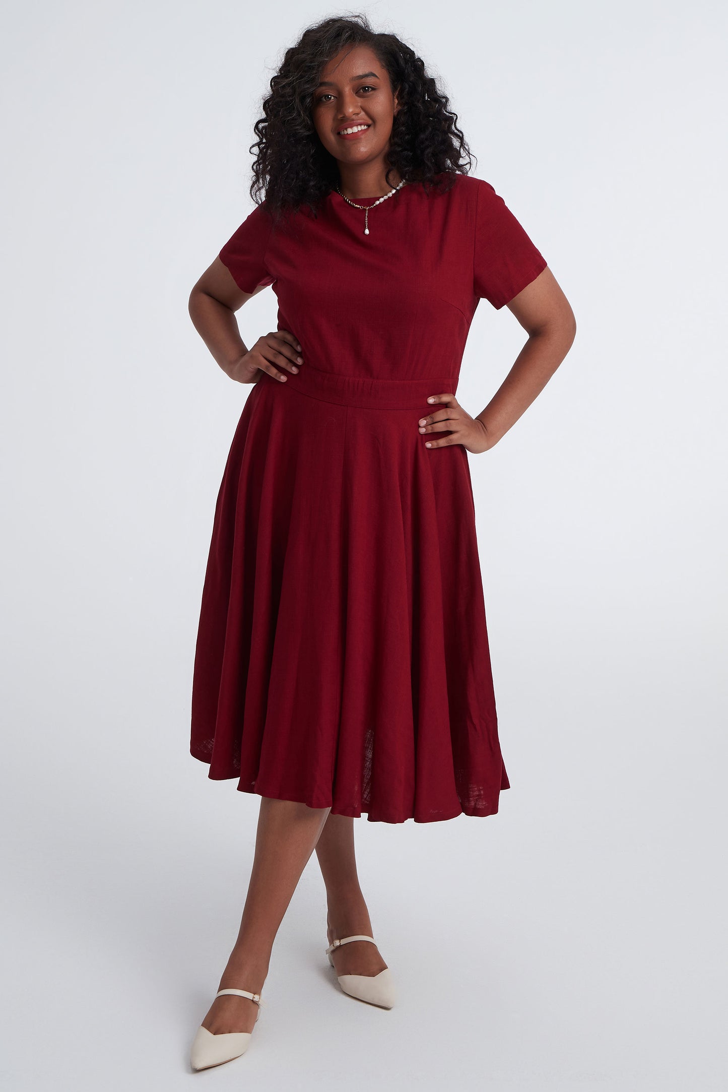Retro plus size burgundy Linen dress 3400#