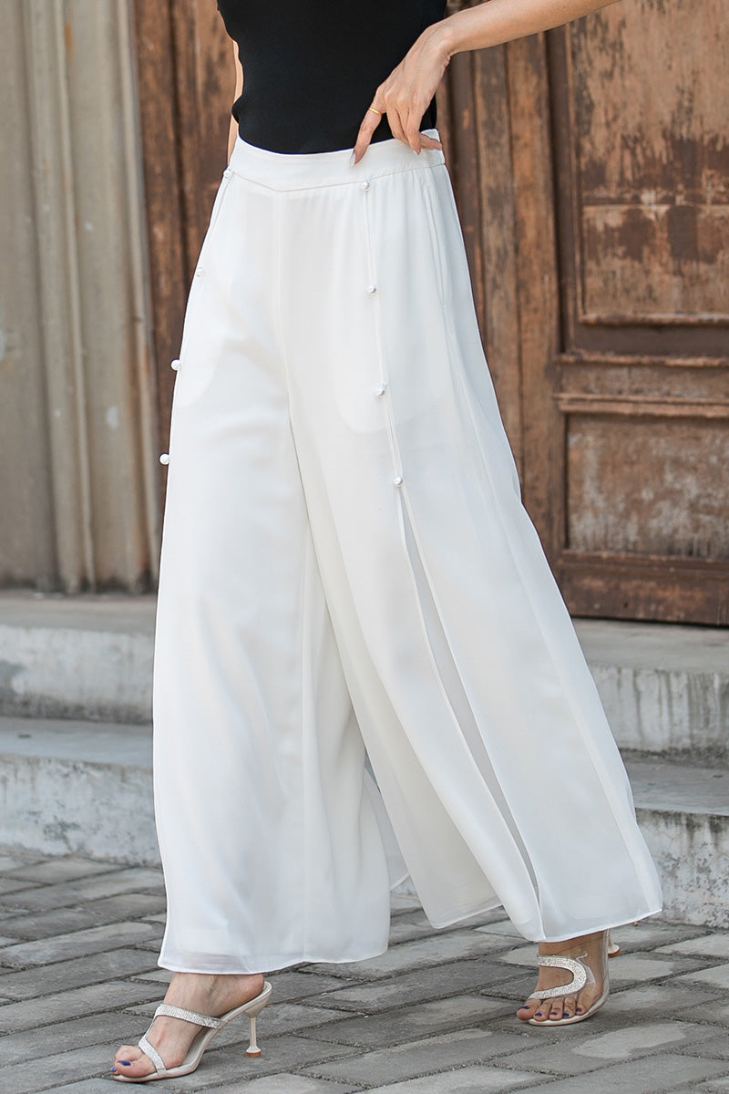 White Chiffon Wide-Leg Pants | High Waist, Lined & Split