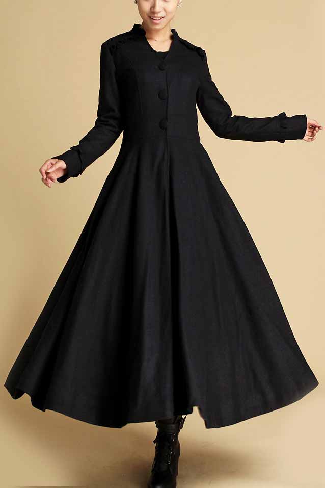 Handmade Wool Long Coat – Vintage Black Fit & Flare Handmade Wool Long Coat – Vintage Black Fit & Flare