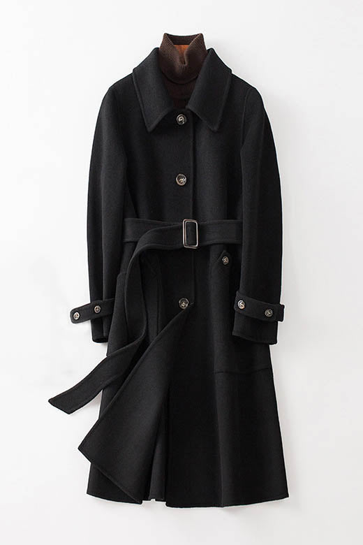 Autumn Winter Women Black Elegant Long Wool Coat 3757