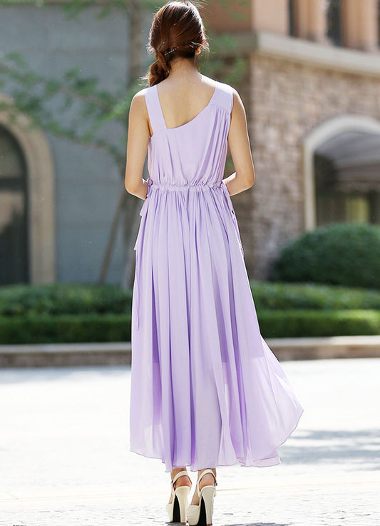 Purple Chiffon Maxi Dress - Irregular Hem, Adjustable Waist 992