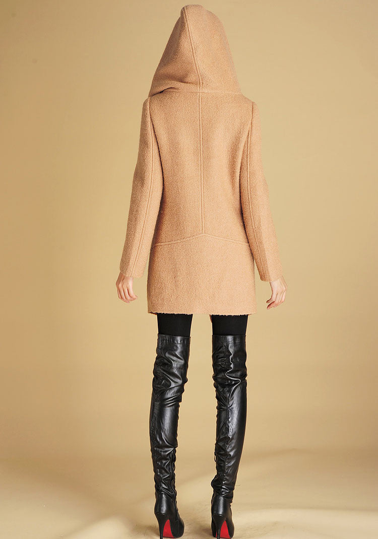 Camel Asymmetrical Wool Coat – Modern Short Winter Coat with Oversized Collar | Xiaolizi 436