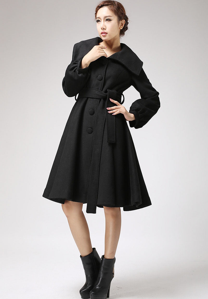 Handmade Black Wool Blend Coat with Wide Collar & Belt – Vintage Fit and Flare Elegance 710