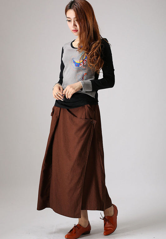 Brown Linen Maxi Skirt - Irregular Hem with Side Pockets 858