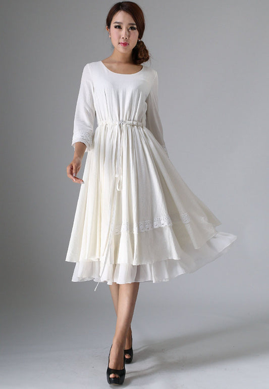 Women's White Drawstring waisted white Linen Bridal Dress 0960#