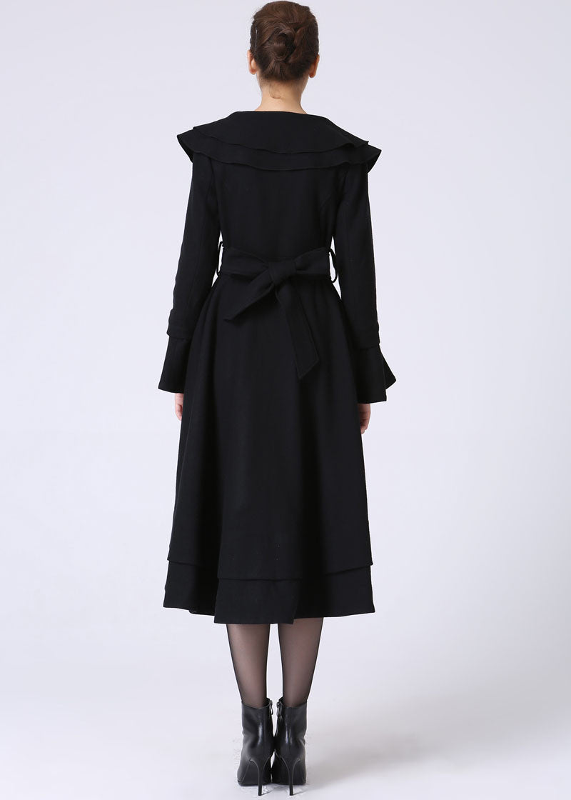 Black Wool Dress Coat – Elegant Ruffle Detail Belted Winter Coat 1062