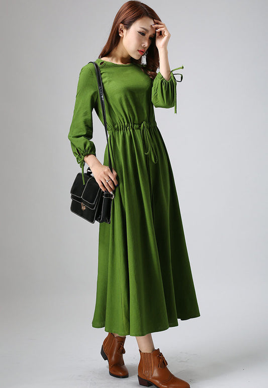 Handmade Green Linen Dress – Adjustable Waist Midi for Spring Summer | Xiaolizi 806