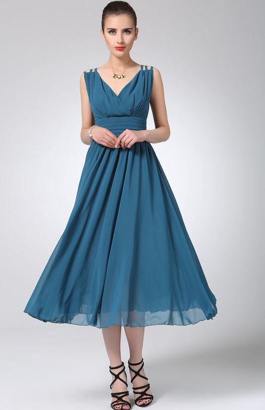 Blue chiffon dress maxi dress women long dress prom dress 1213#