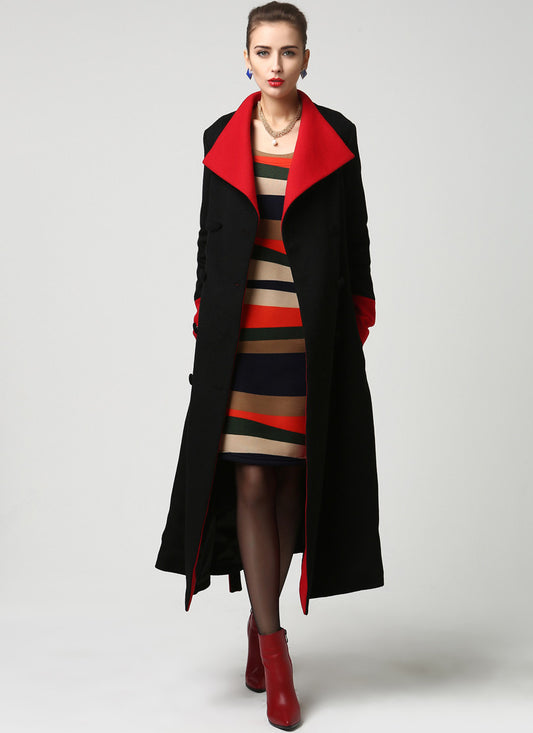 Handmade Black Wool Coat – Red Contrast Shawl Collar Long Winter Overcoat | Xiaolizi 1106