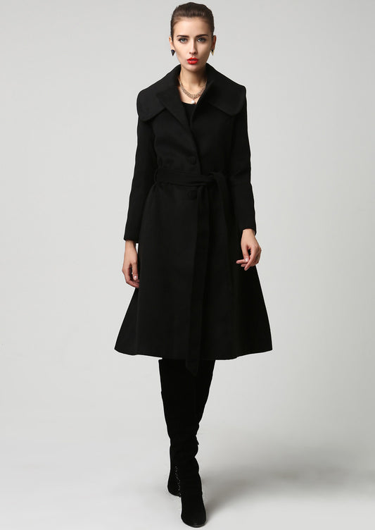 Elegant black winter trench coat with self-tie waist and long sleeves