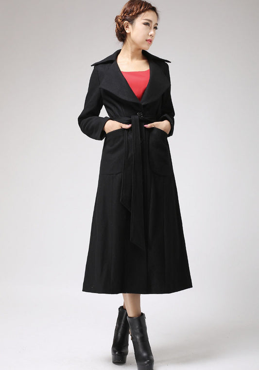 Handmade Black Wool Blend Coat – Elegant Long Winter Overcoat with Unique Collar | Xiaolizi 0704