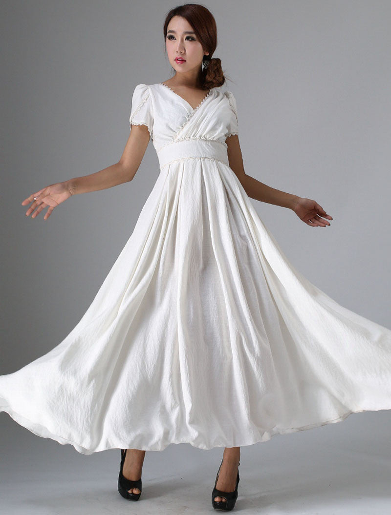 Timeless fit and flare white prom linen dress 0959#