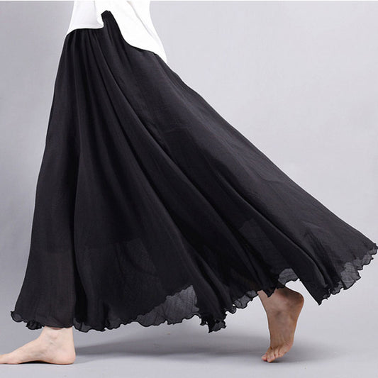 Black Linen Cotton Maxi Skirt - Elastic Waist, Flowy Full Swing 2718